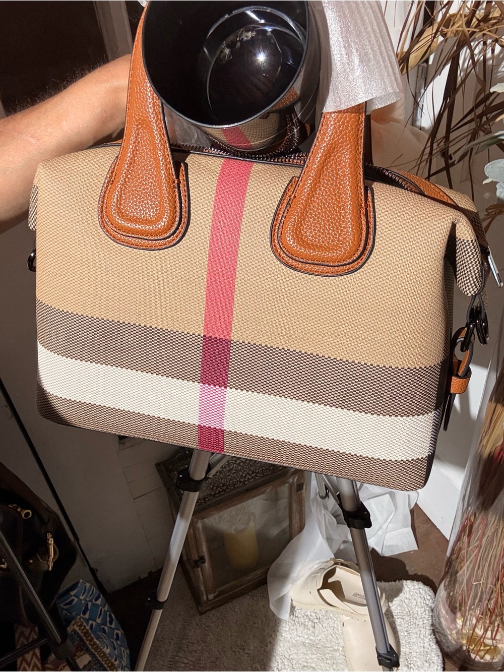 Tan & Pink Stripe Satchel Handbag
